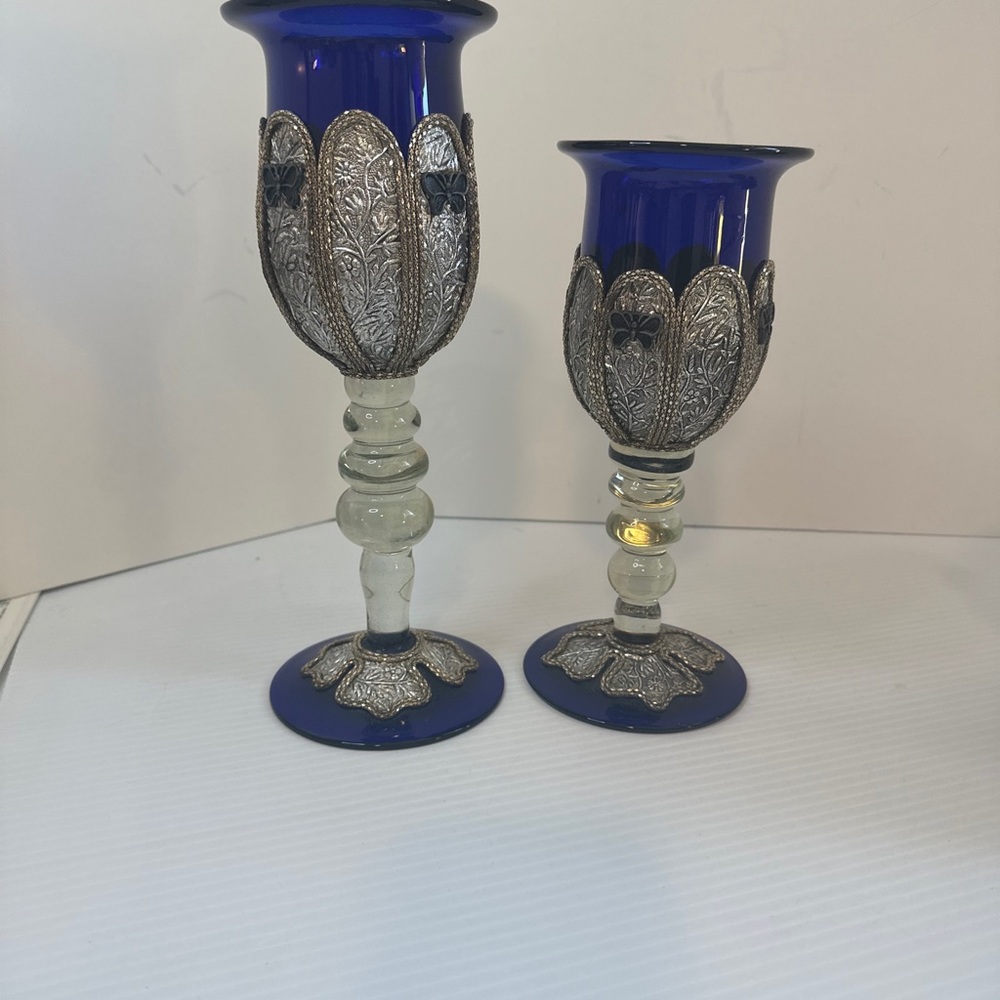 Vintage candle holders set cobalt blue Caspian glass metal deco on the glass